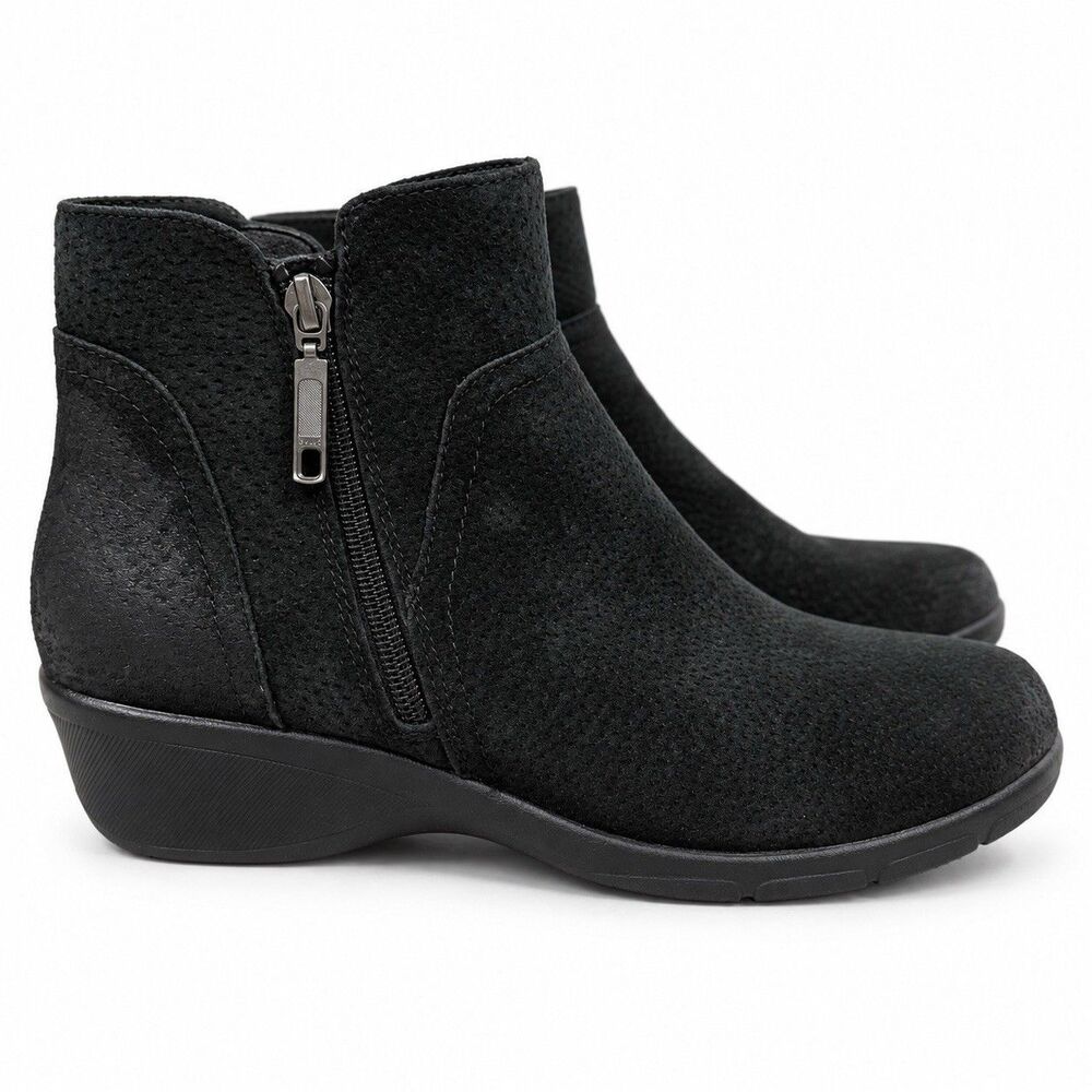 Propet Waverly Womens 8 Wide Black Leather Ankle Boots Wedge Zip WFX085L